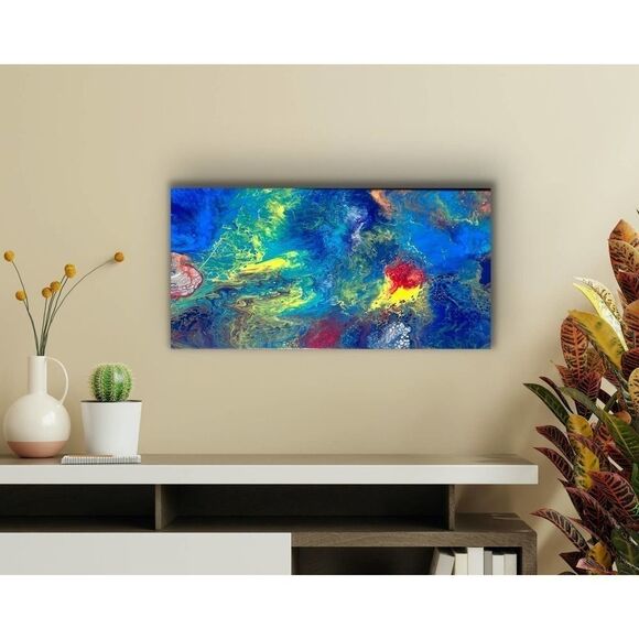 Splatter Blue, Yellow and Green Pour Painting 10 x 20 Stretched Canvas Art - Picture 5 of 10